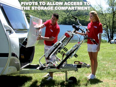 Bike rack pivots to allow access to caravan front box