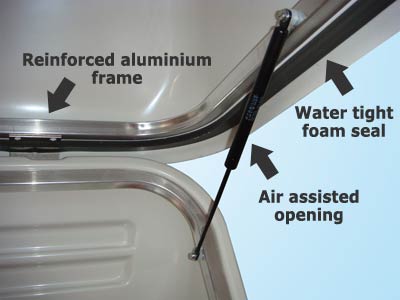 Water tight seals and assisted lid opening